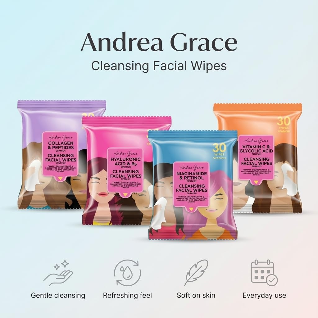 Andrea Grace face wipes ingredients panel showcasing collagen peptides and hyaluronic acid.