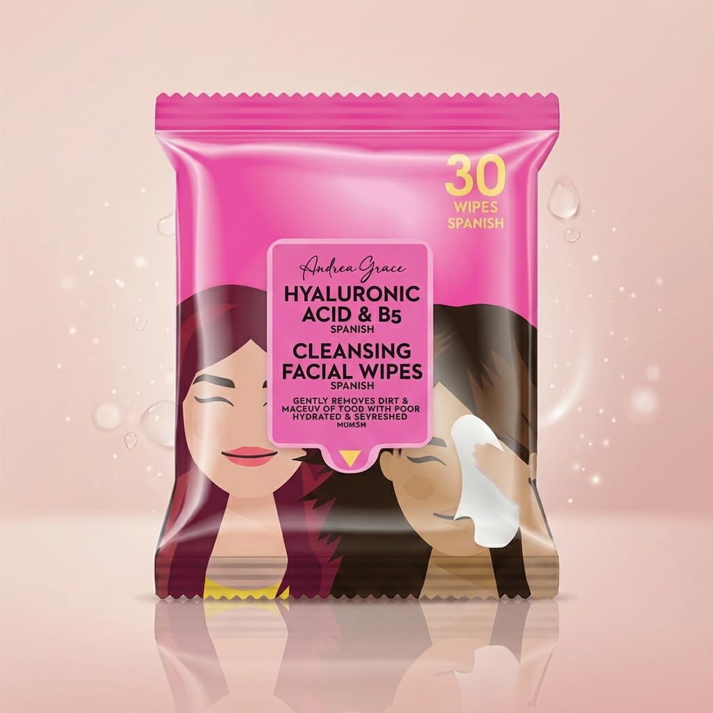 Andrea Grace face wipes makeup removal close-up highlighting waterproof mascara removal capability.