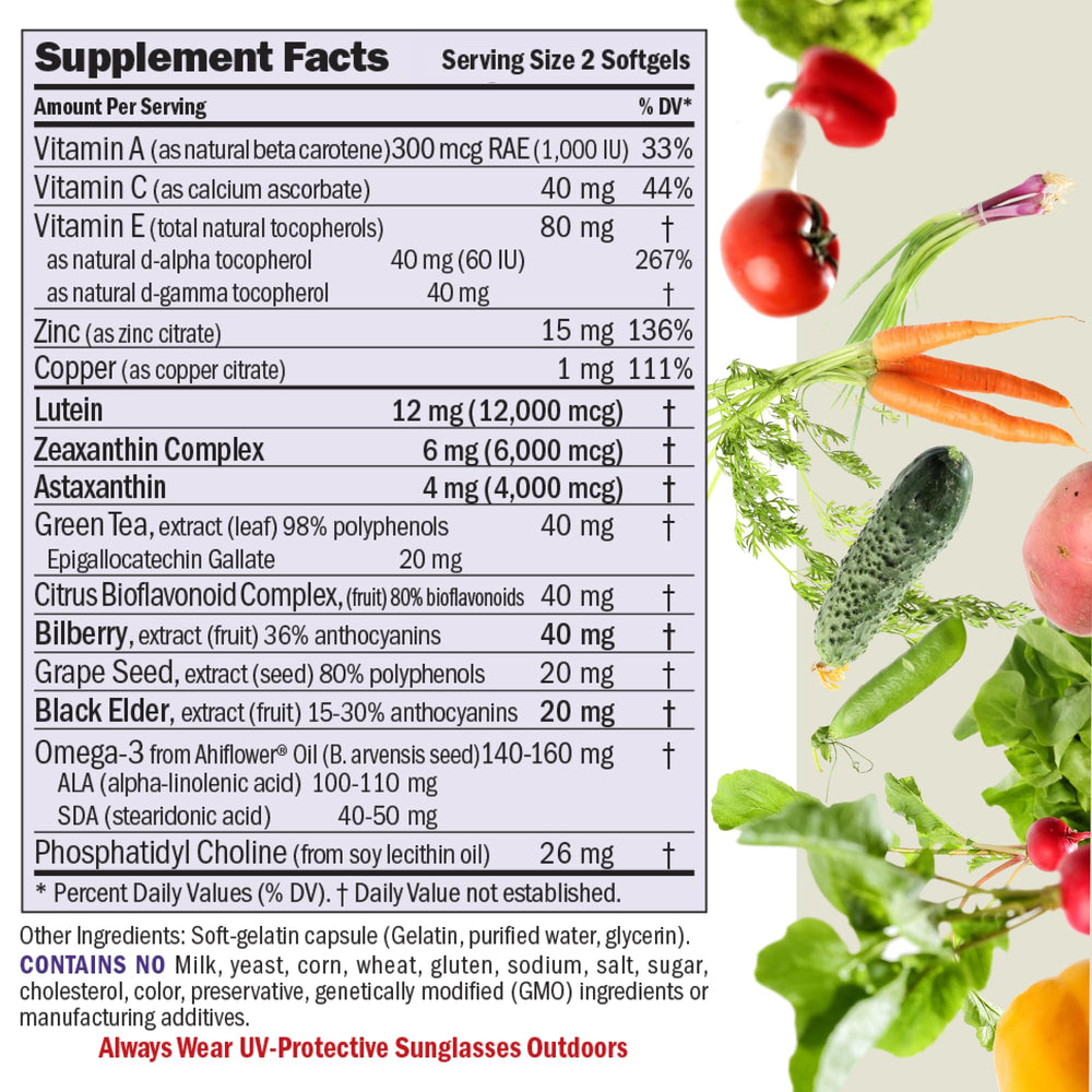 ANDREW LESSMAN Ultimate Eye Support ingredients close-up highlighting lutein and zeaxanthin for visual support.