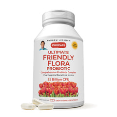 Andrew Lessman Ultimate Friendly Flora bottle label highlights the five-strain probiotic blend for digestive support.
