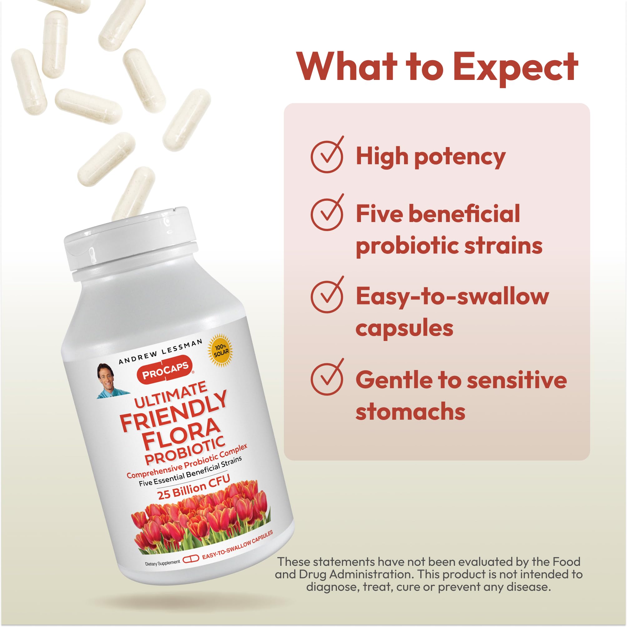 Andrew Lessman Friendly Flora ingredient statement highlights five probiotic strains for balanced gut health.