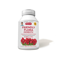 Front view of Andrew Lessman Friendly Flora probiotic bottle