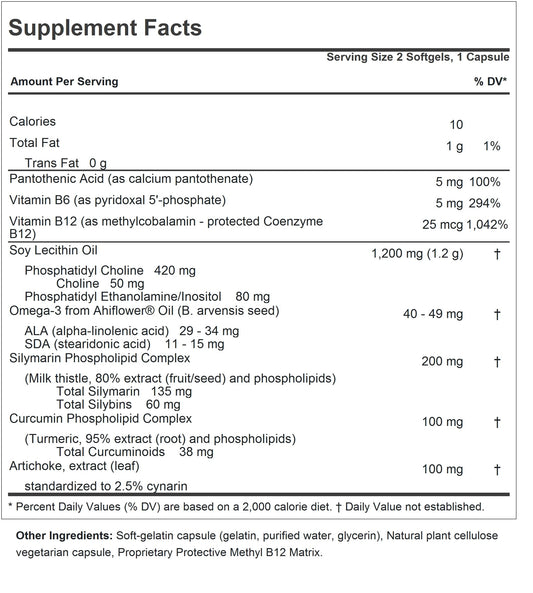 Close-up of 60 softgels in the PC Liver & Brain Benefits bottle