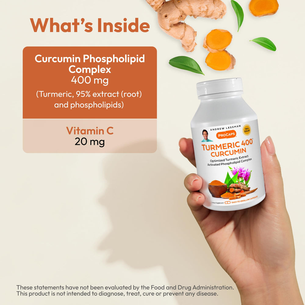 ANDREW LESSMAN Turmeric 400mg capsule with phospholipid complex illustration.