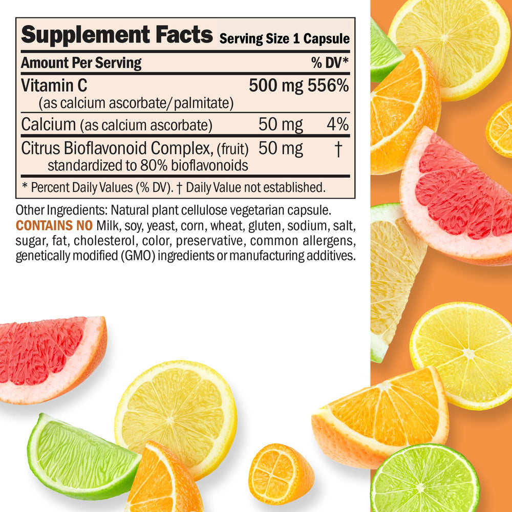 Close-up of Vitamin C 500 Complex label highlighting calcium and citrus bioflavonoids
