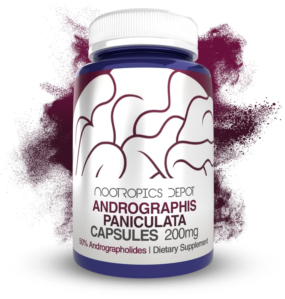Bottle of Andrographis paniculata capsules labeled 200mg and 60 count with 50% andrographolides