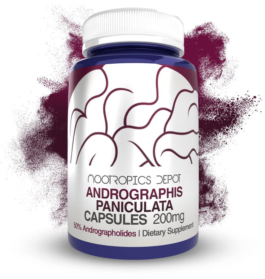 Bottle of Andrographis paniculata capsules labeled 200mg and 60 count with 50% andrographolides