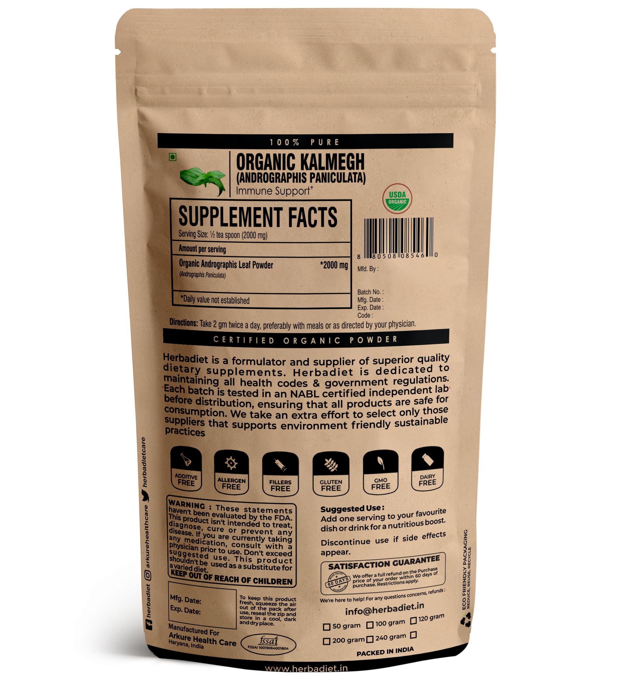 Organic Andrographis Paniculata powder bottle 227 g