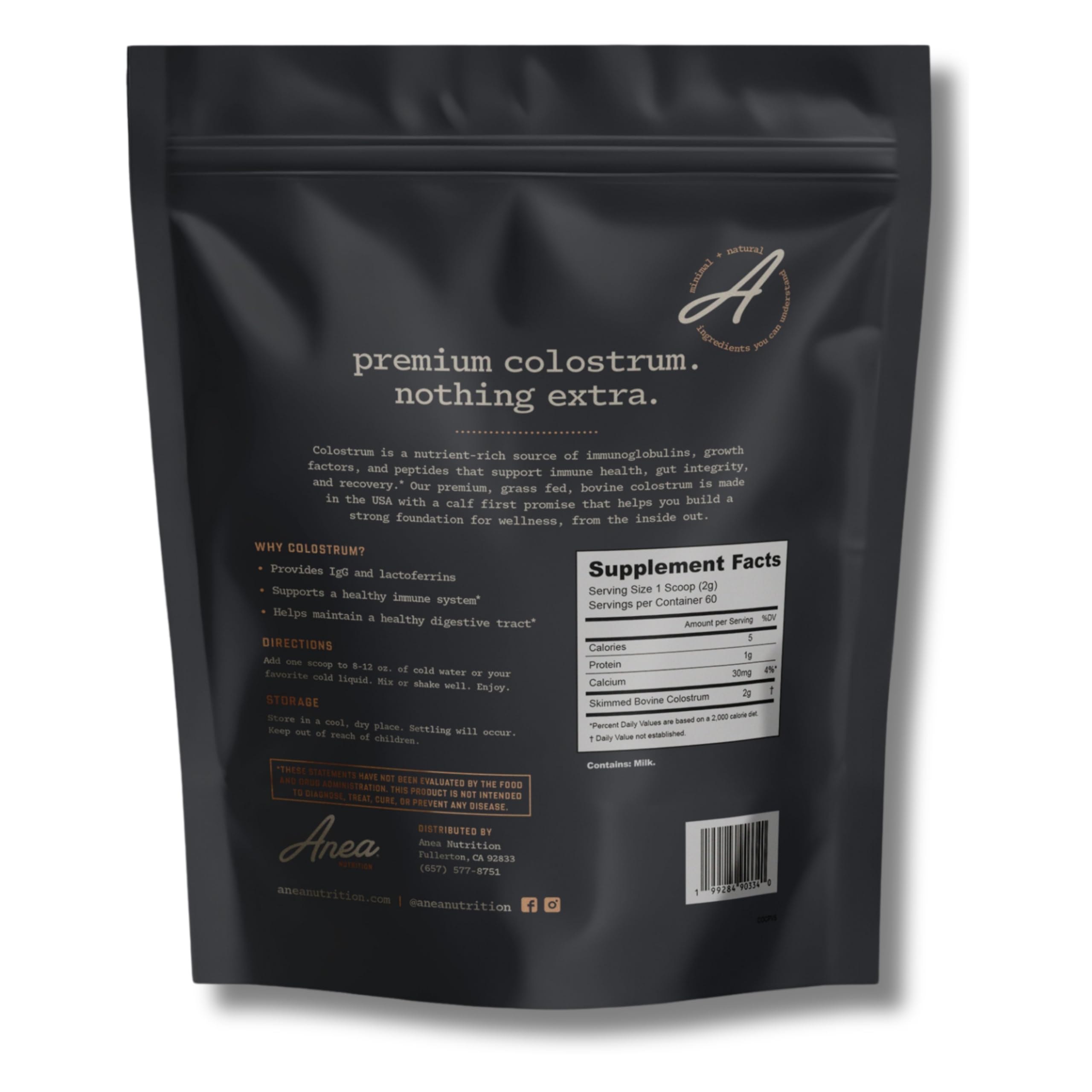 Product packaging and label of Anea Colostrum Unflavored