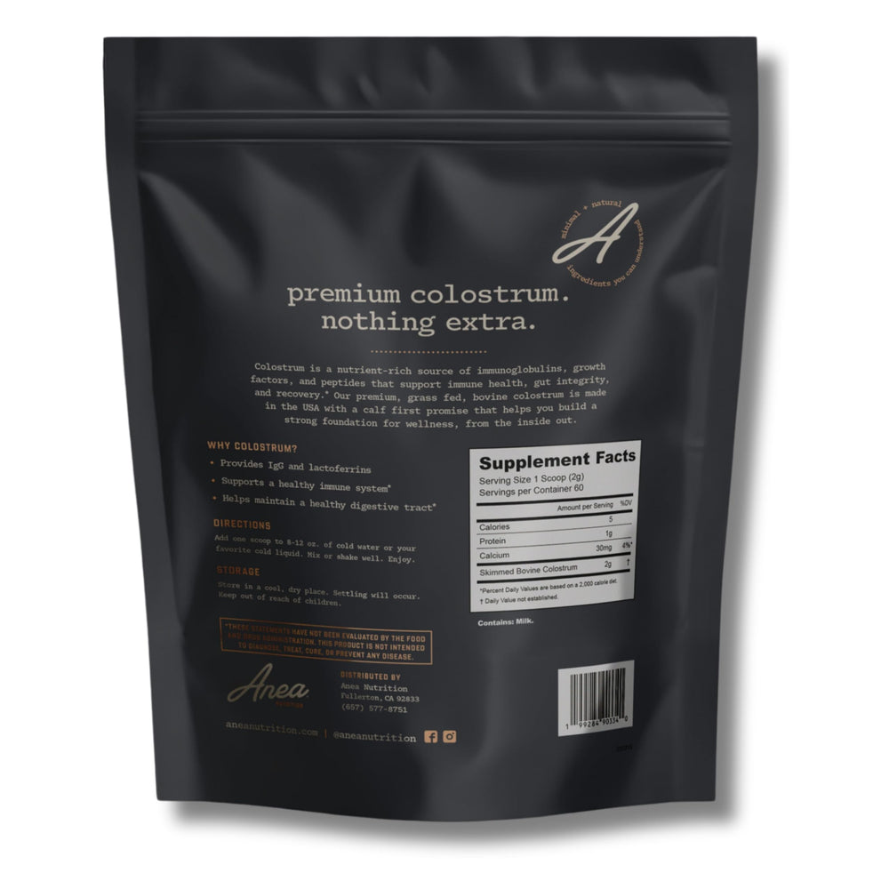 Product packaging and label of Anea Colostrum Unflavored