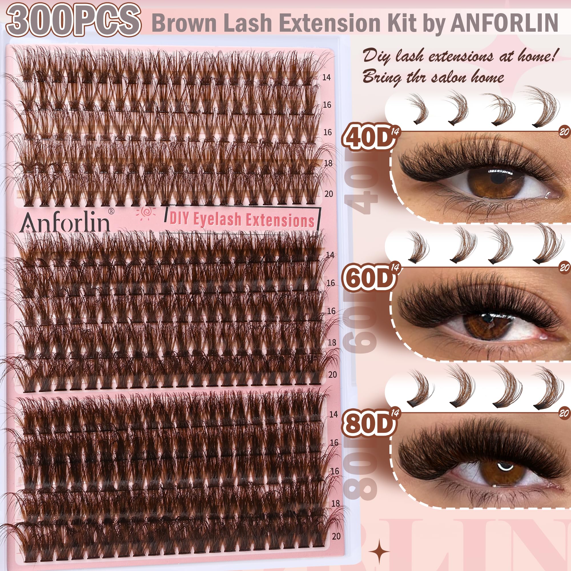 Anforlin brown cluster lashes 14-20mm offer customizable length for daily wear.