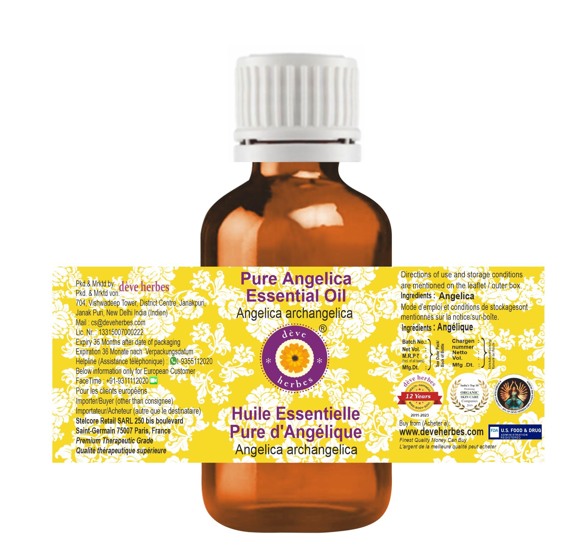 Side view of Angelica archangelica essential oil amber bottle