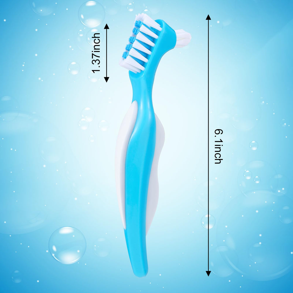 Angled dual-head denture cleaning brush close-up