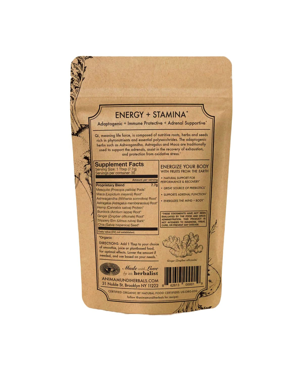 Ingredient list featuring Mesquite, Ashwagandha, Maca, Astragalus, Burdock, Slippery Elm, Ginger and Chia