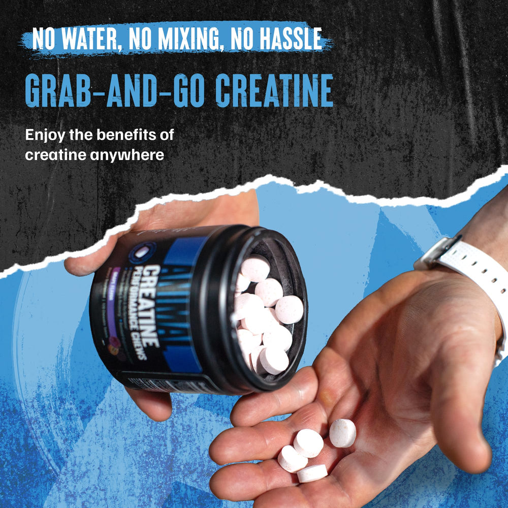 Gym bag with Animal Creatine Chews in grape flavor