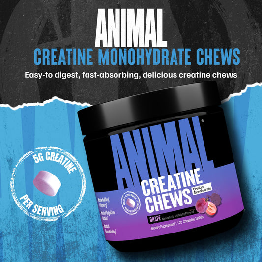 Close-up of Animal Creatine Chews grape chewable tablets