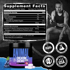 Travel-friendly tub of Animal Creatine Chews grape flavor