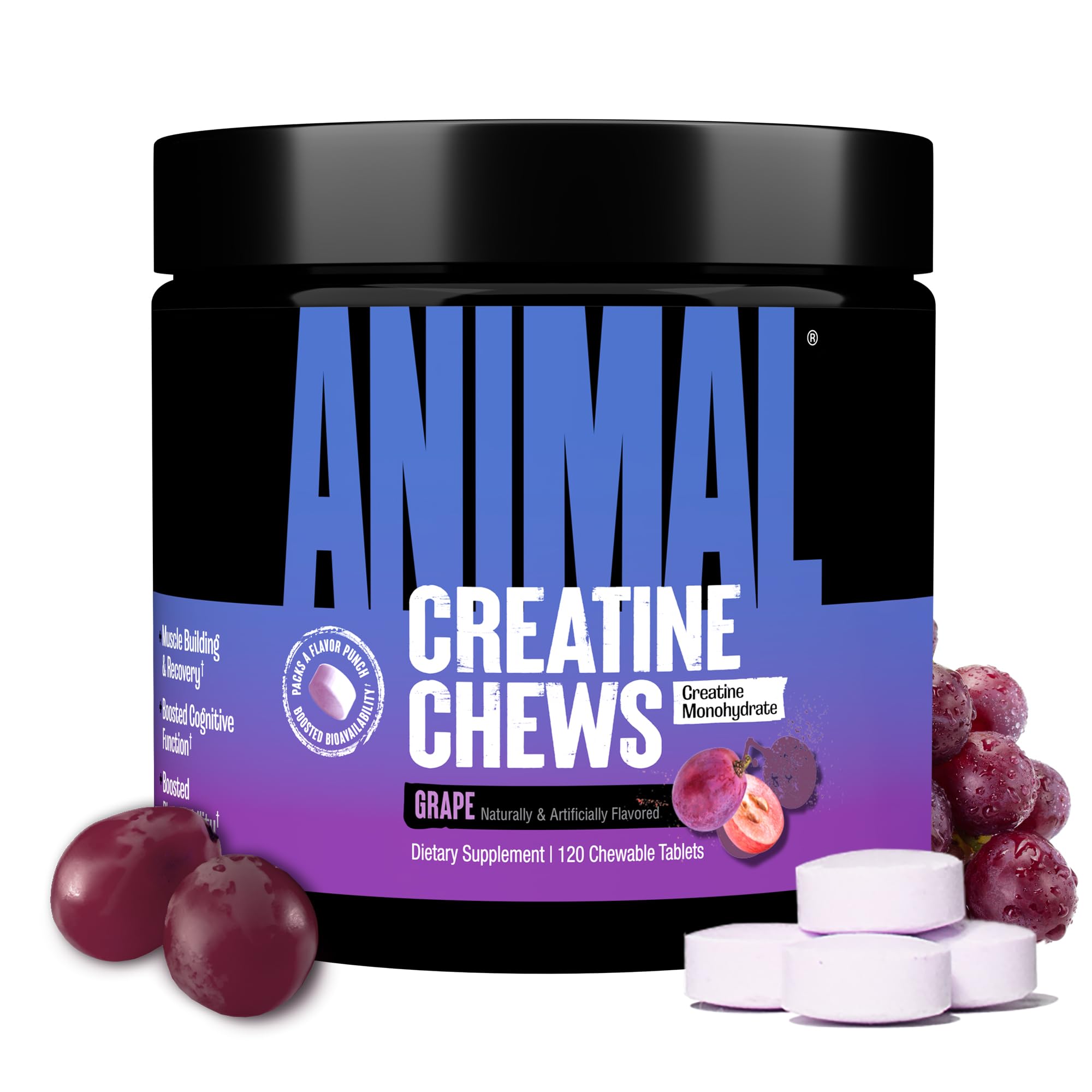Animal Creatine Chews tub in grape flavor