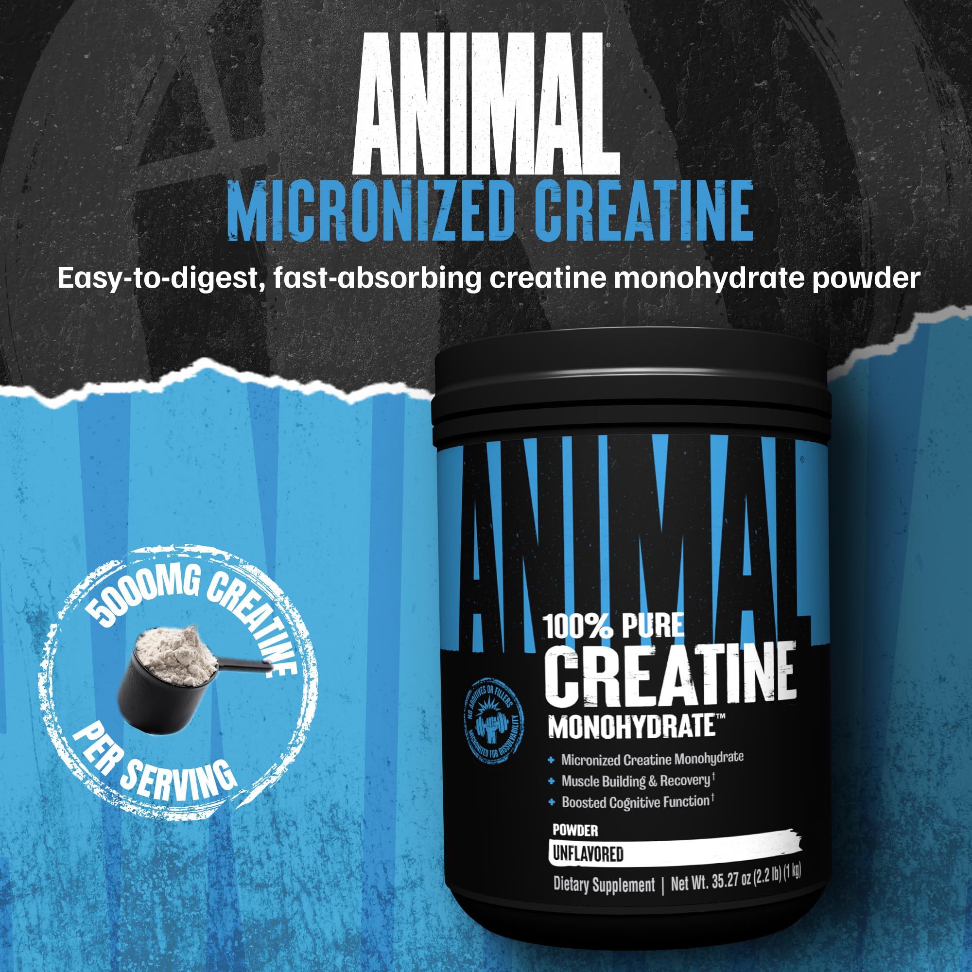Unflavored creatine monohydrate powder packaging with scoop