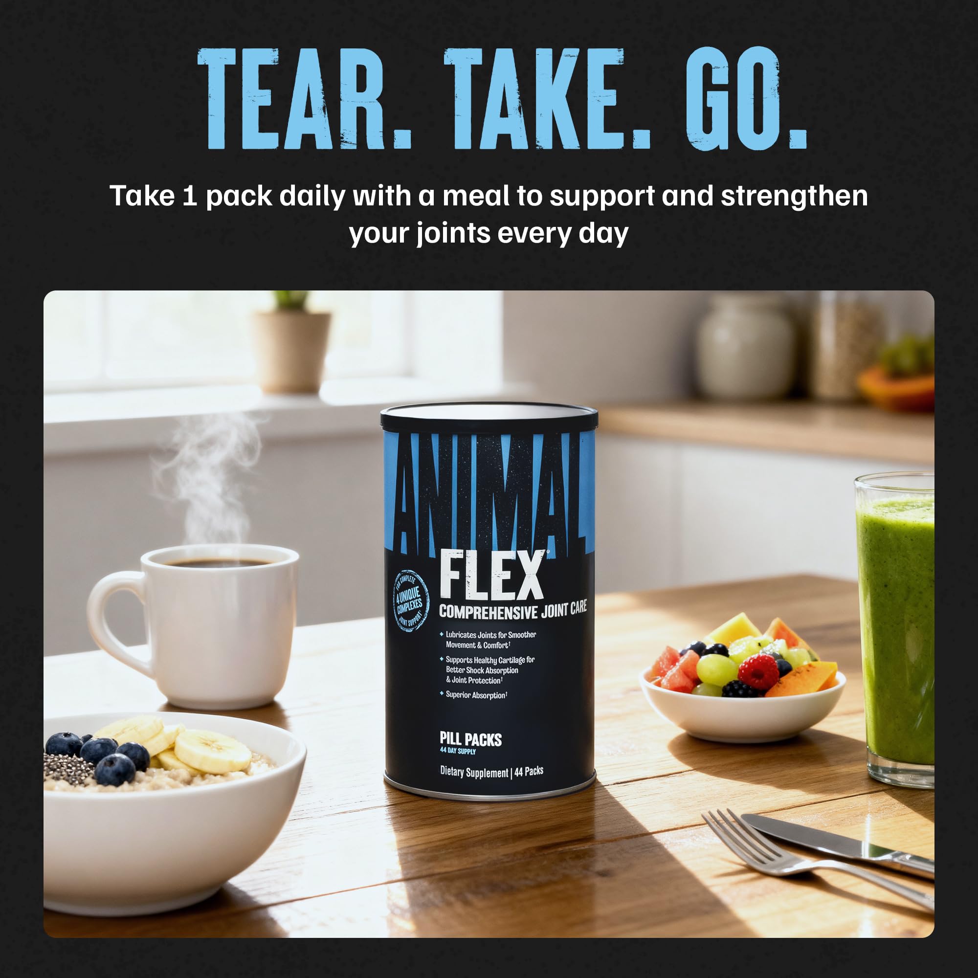 Animal Flex hyaluronic acid and flaxseed oil promote smoother joint movement.