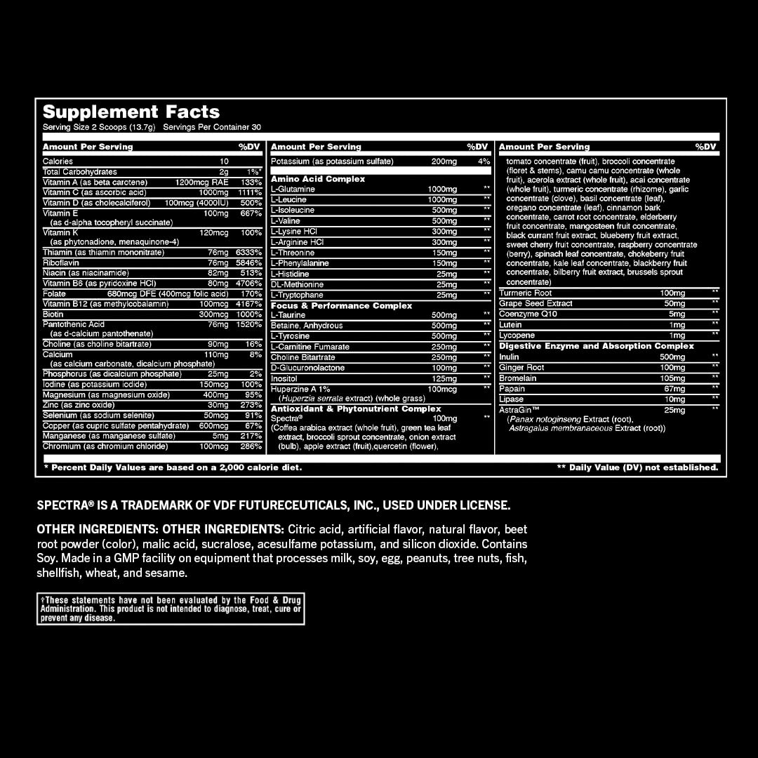 Close-up of ingredients and 85 nutrients list