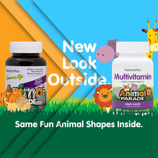 Close-up of grape-flavored animal-shaped chewable tablets