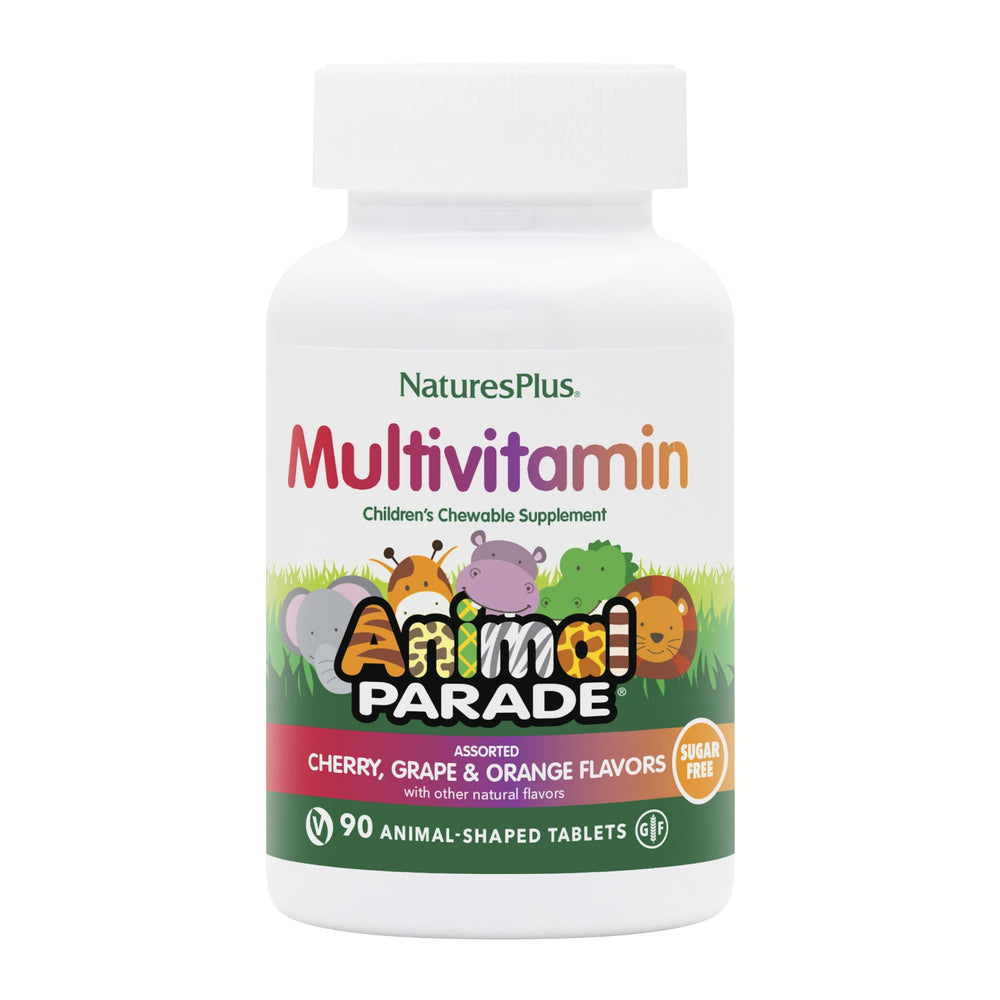 Cover image: Natures Plus Animal Parade Sugar-Free Children's Multivitamin bottle showing cherry, grape, and orange flavors