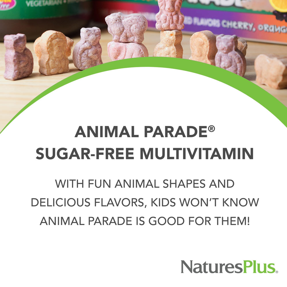 Grape and orange flavored Animal Parade chewables in assorted shapes