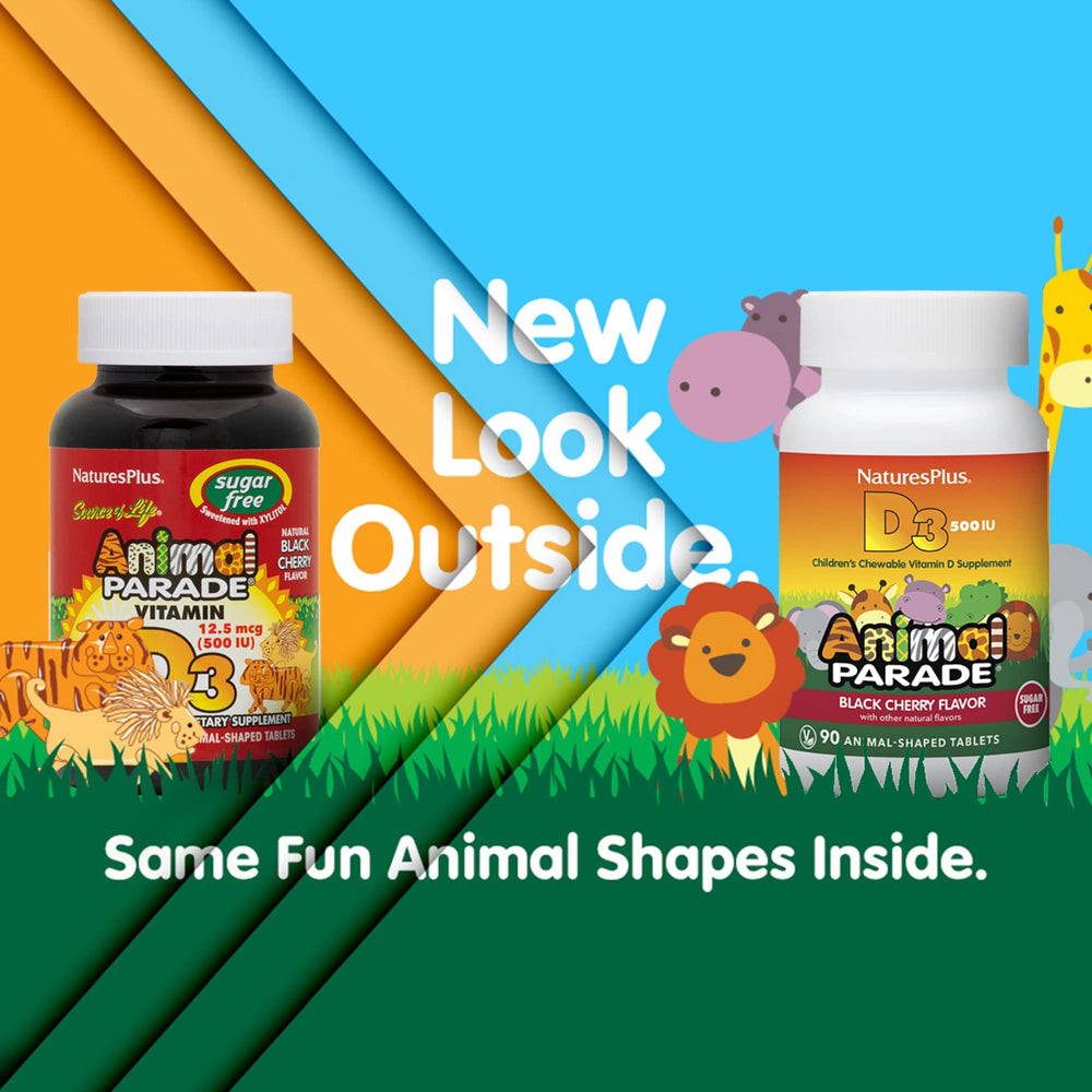 Close-up of the 90 chewable animal-shaped tablets in Black Cherry flavor.