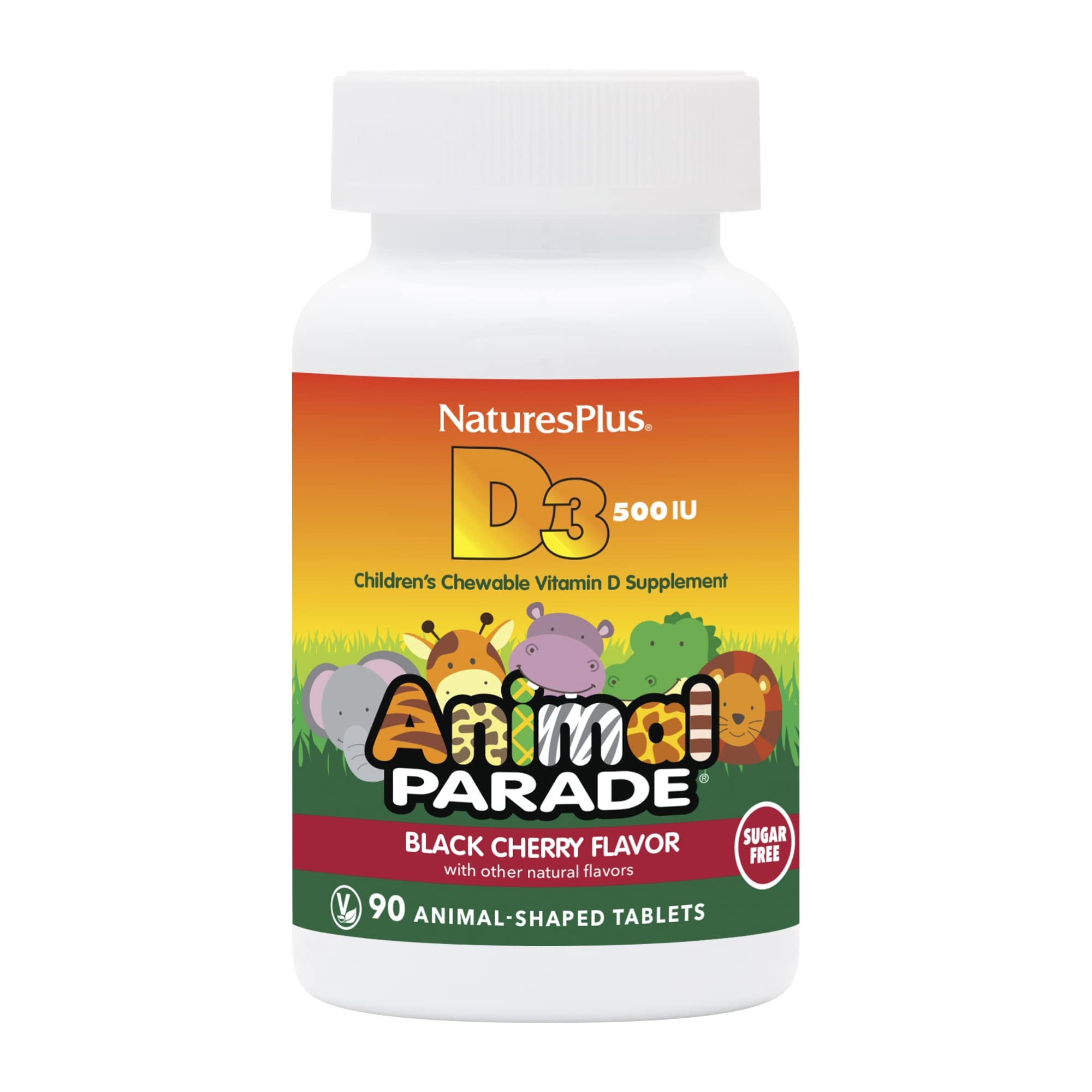 Front view of Natures Plus Animal Parade Sugar-Free Vitamin D3 500 IU bottle in Black Cherry flavor.