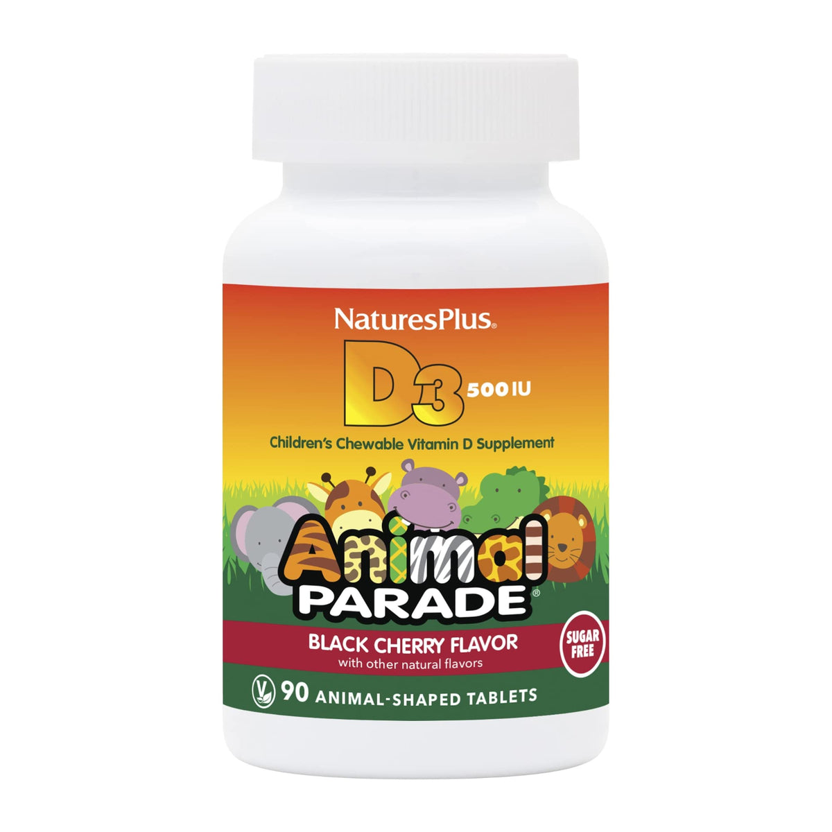 Front view of Natures Plus Animal Parade Sugar-Free Vitamin D3 500 IU bottle in Black Cherry flavor.