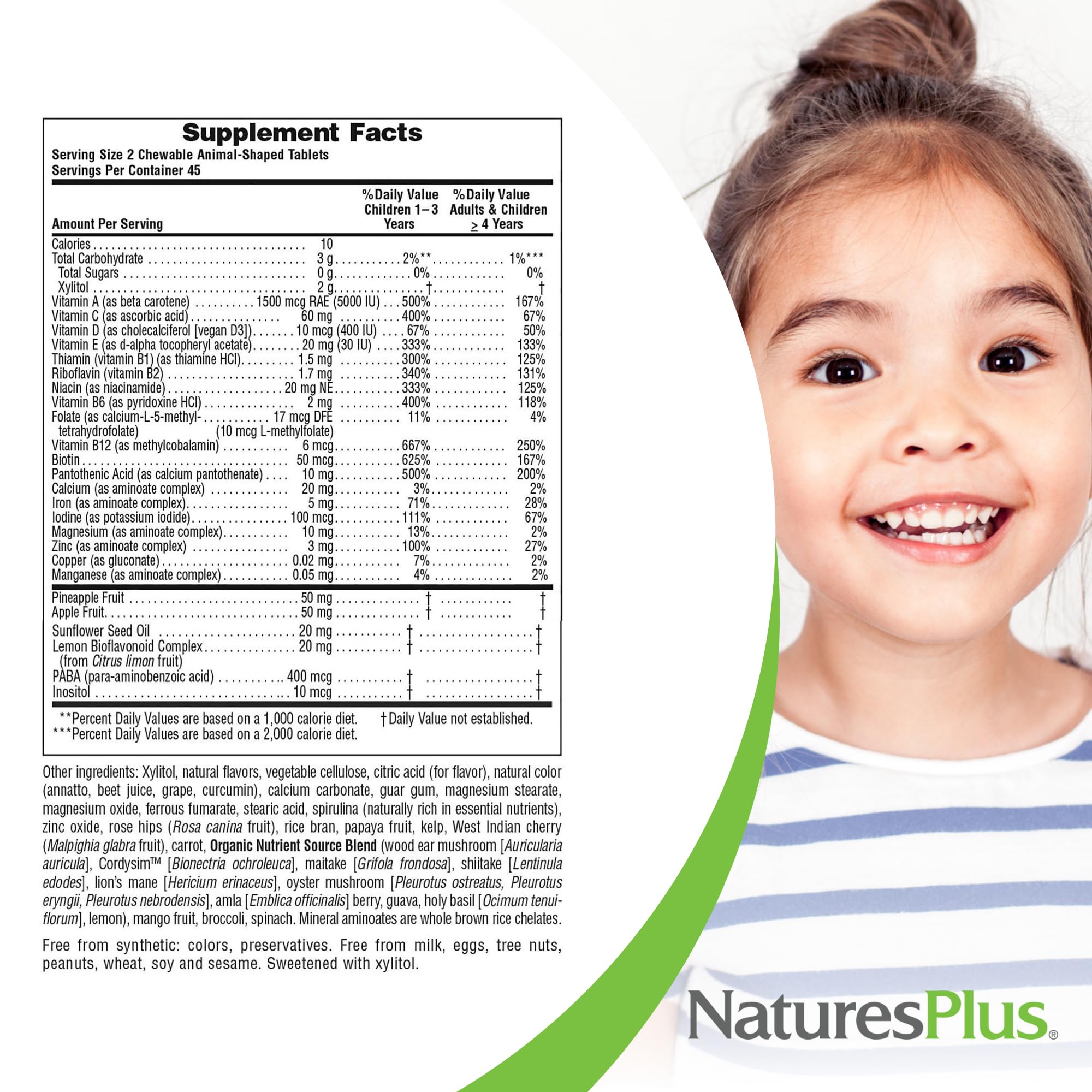 Whole-food ingredients highlighted in the formula: spirulina, carrot, broccoli, spinach, brown rice