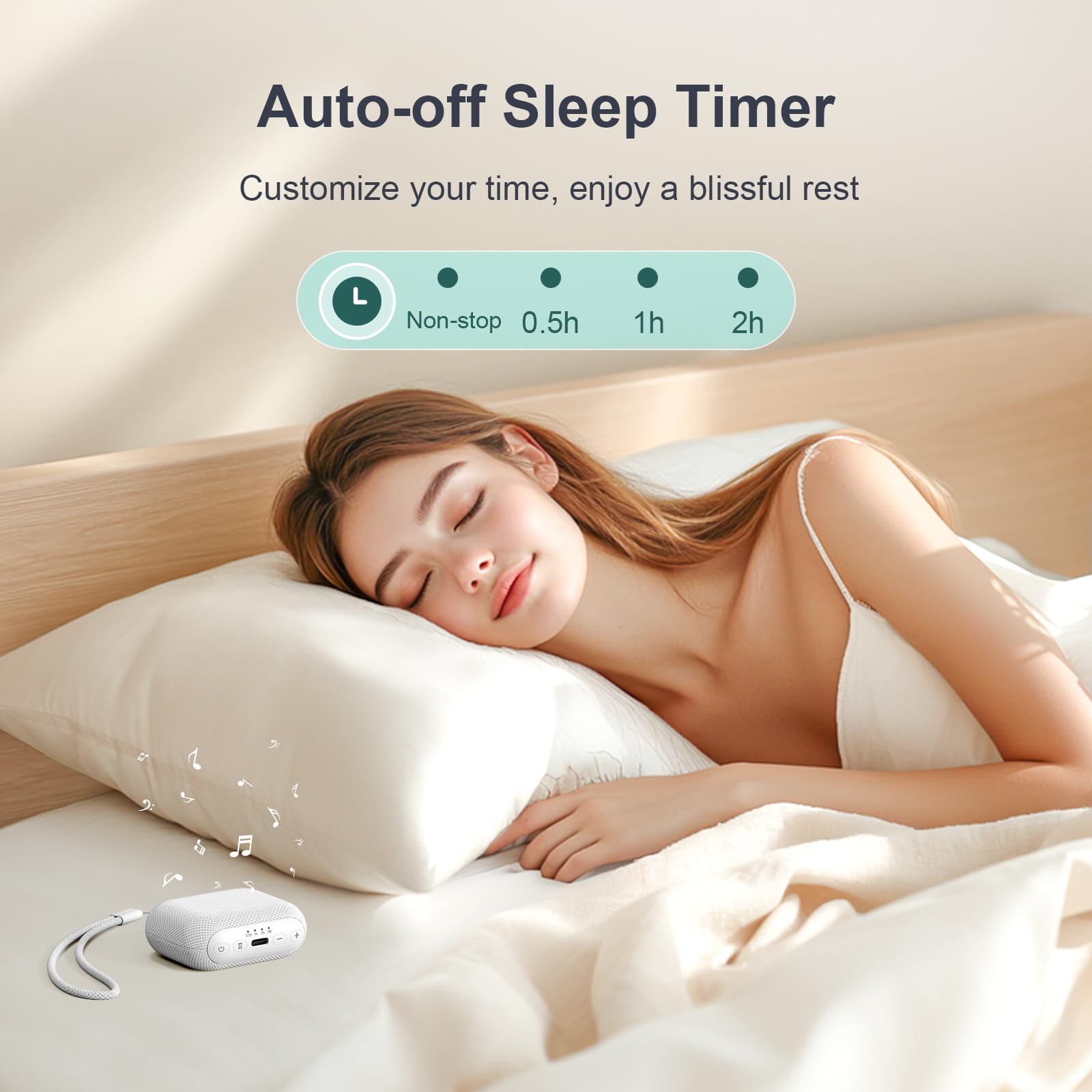 ANJANK mini travel white noise machine with four buttons and a lanyard.