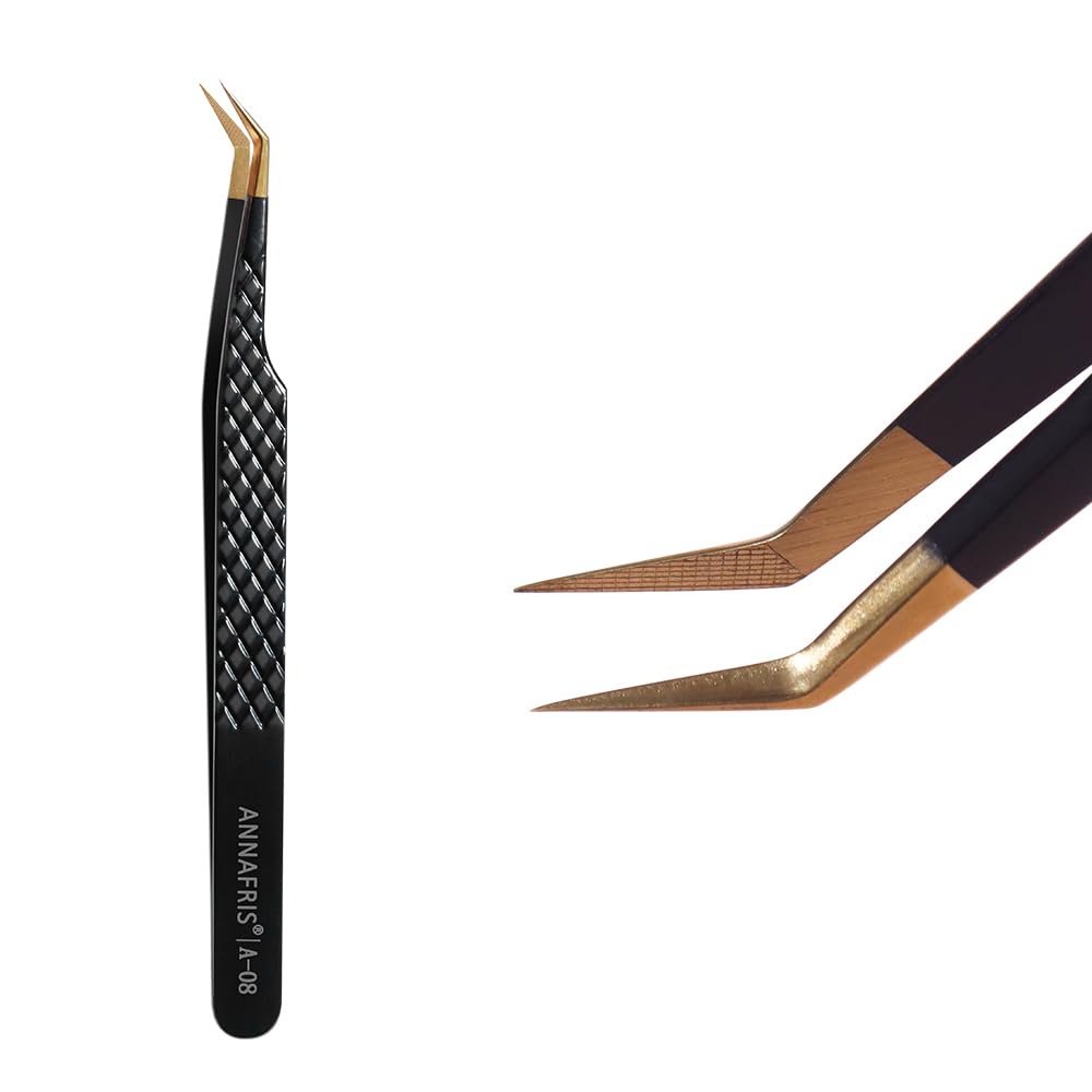 ANNAFRIS lash tweezers with fiber-tip grip for secure lash pickup.