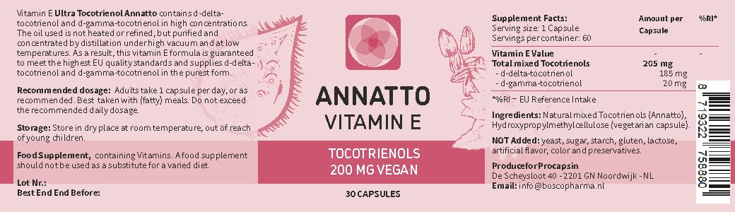 Capsules of Annatto Tocotrienols vegan vitamin E, tocopherol-free
