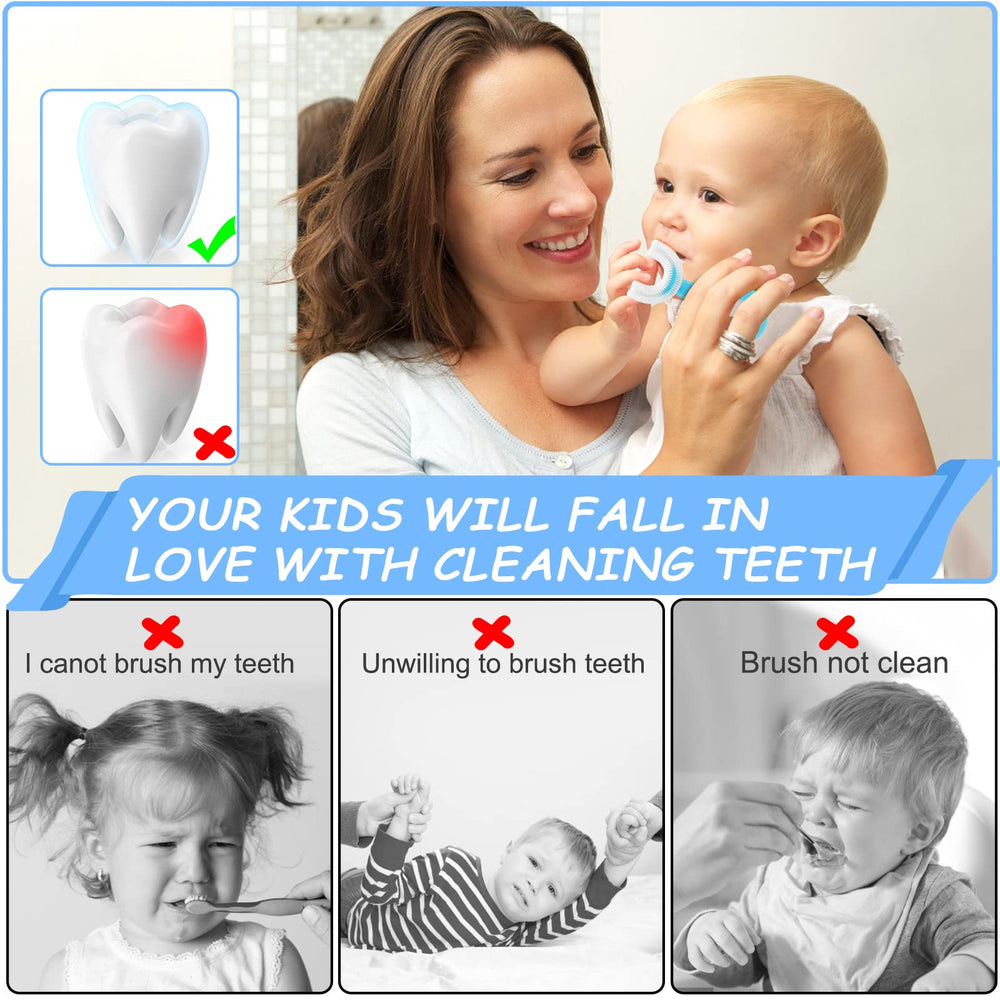 Illustration of 360° cleaning by U-shaped toddler toothbrush