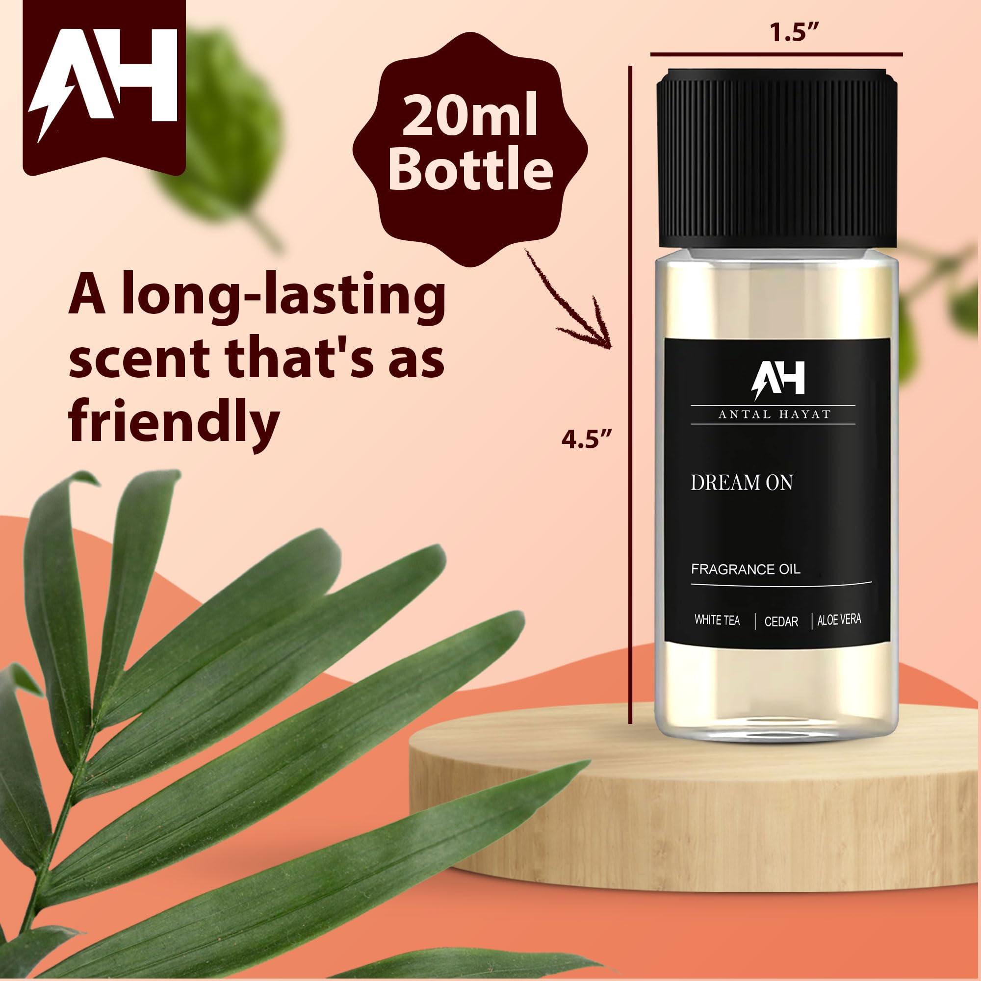 Antal Hayat Dream On bottle in wooden shelf captures premium diffuser oil for retail display