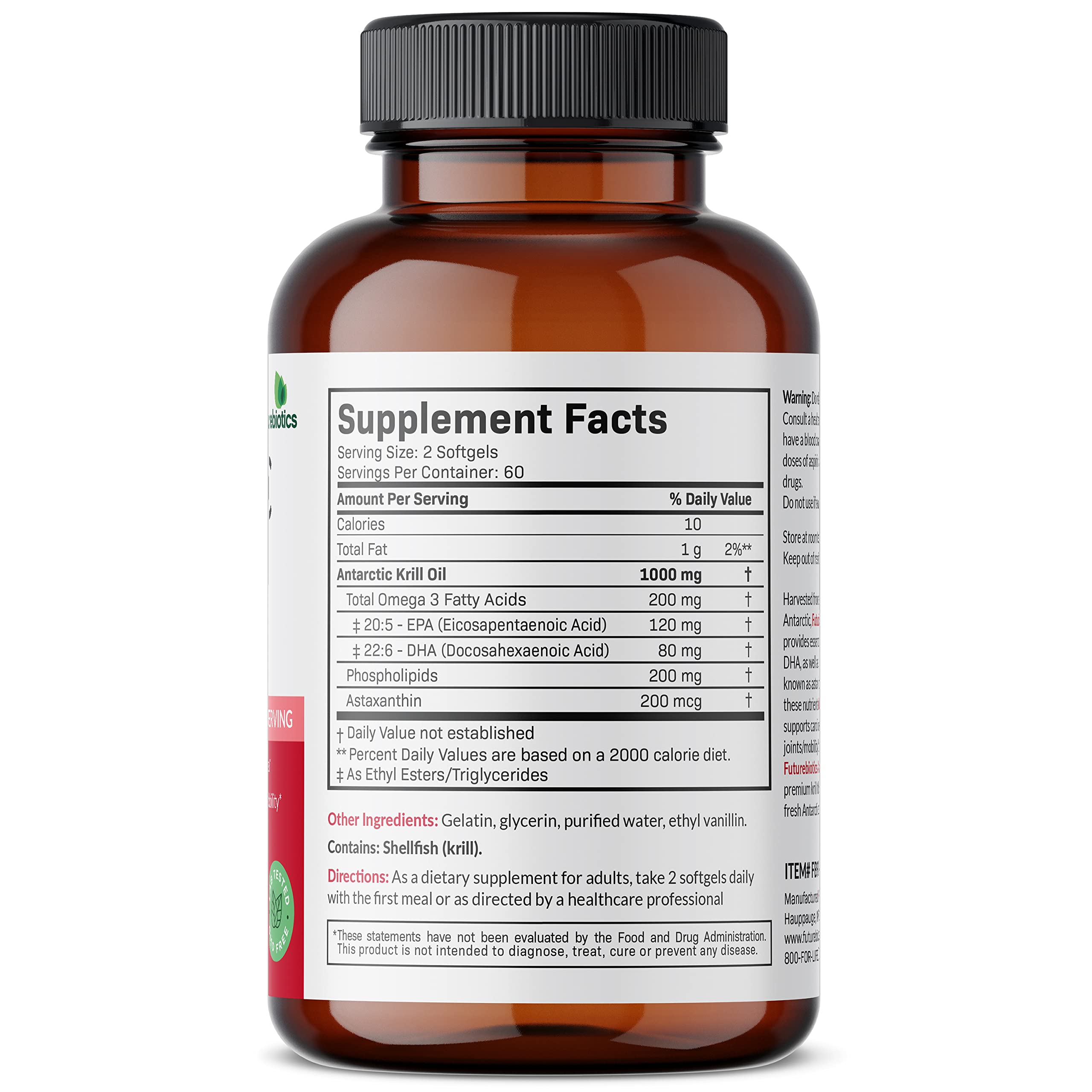 Bottle back with supplement facts Futurebiotics Krill Oil