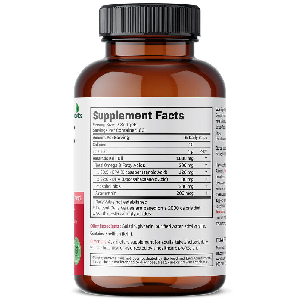 Bottle back with supplement facts Futurebiotics Krill Oil