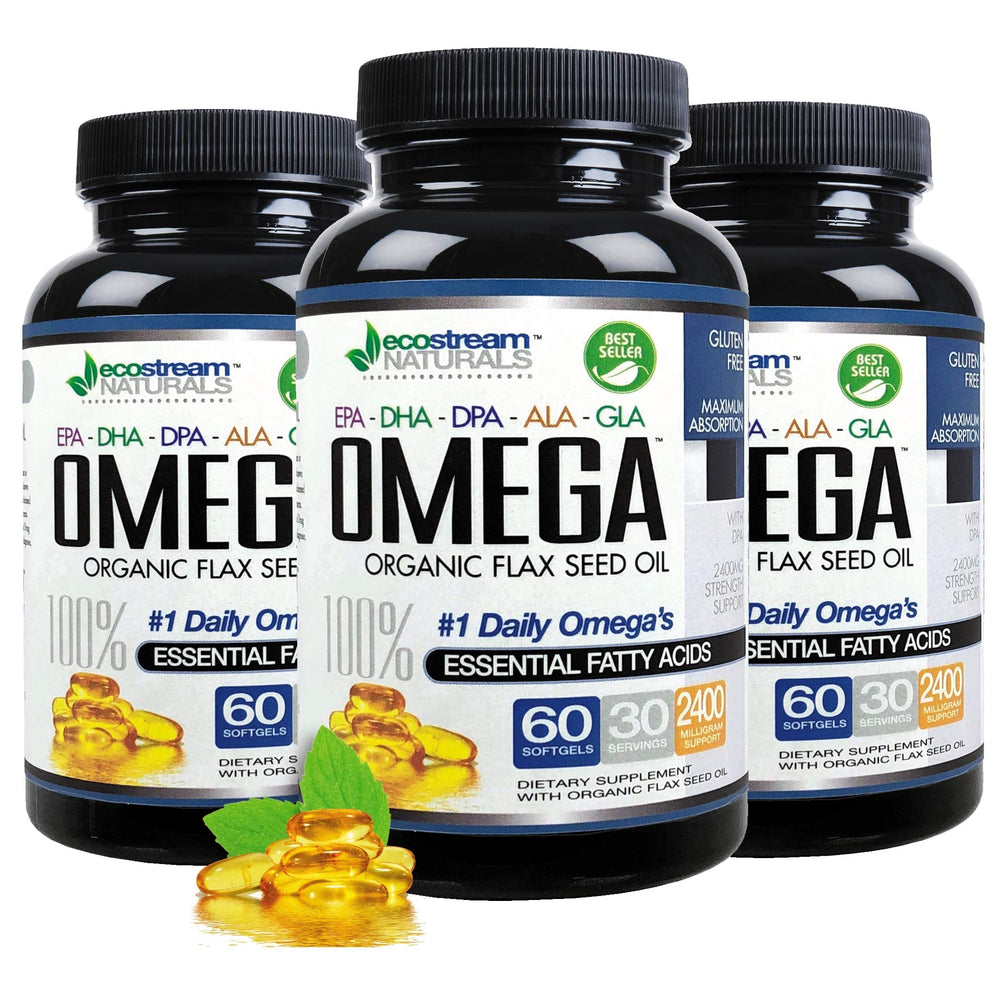 Organic flax seed oil bottle beside omega blend