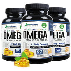 Organic flax seed oil bottle beside omega blend