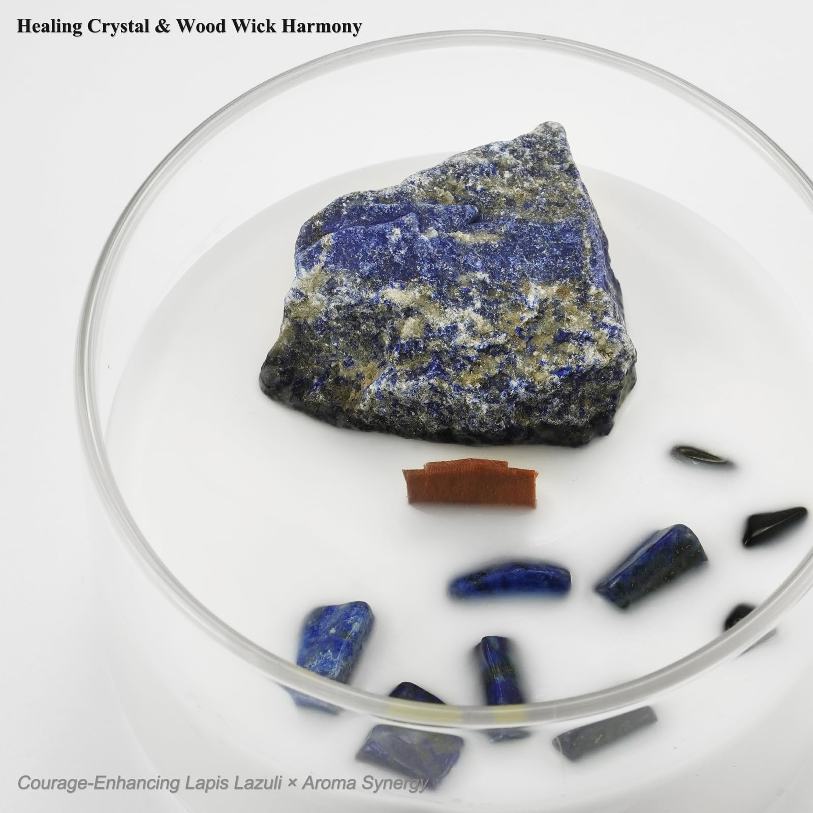 Crystal embedded in candle showing lapis lazuli and blue quartz