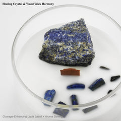 Crystal embedded in candle showing lapis lazuli and blue quartz