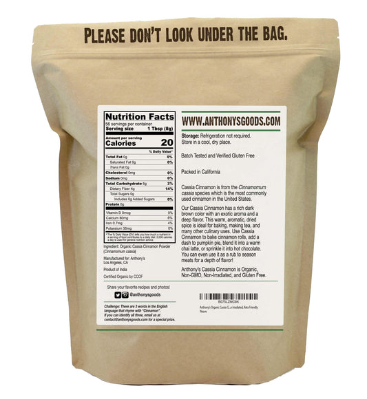Packaging of Anthony's Organic Cassia Cinnamon Powder 1 lb