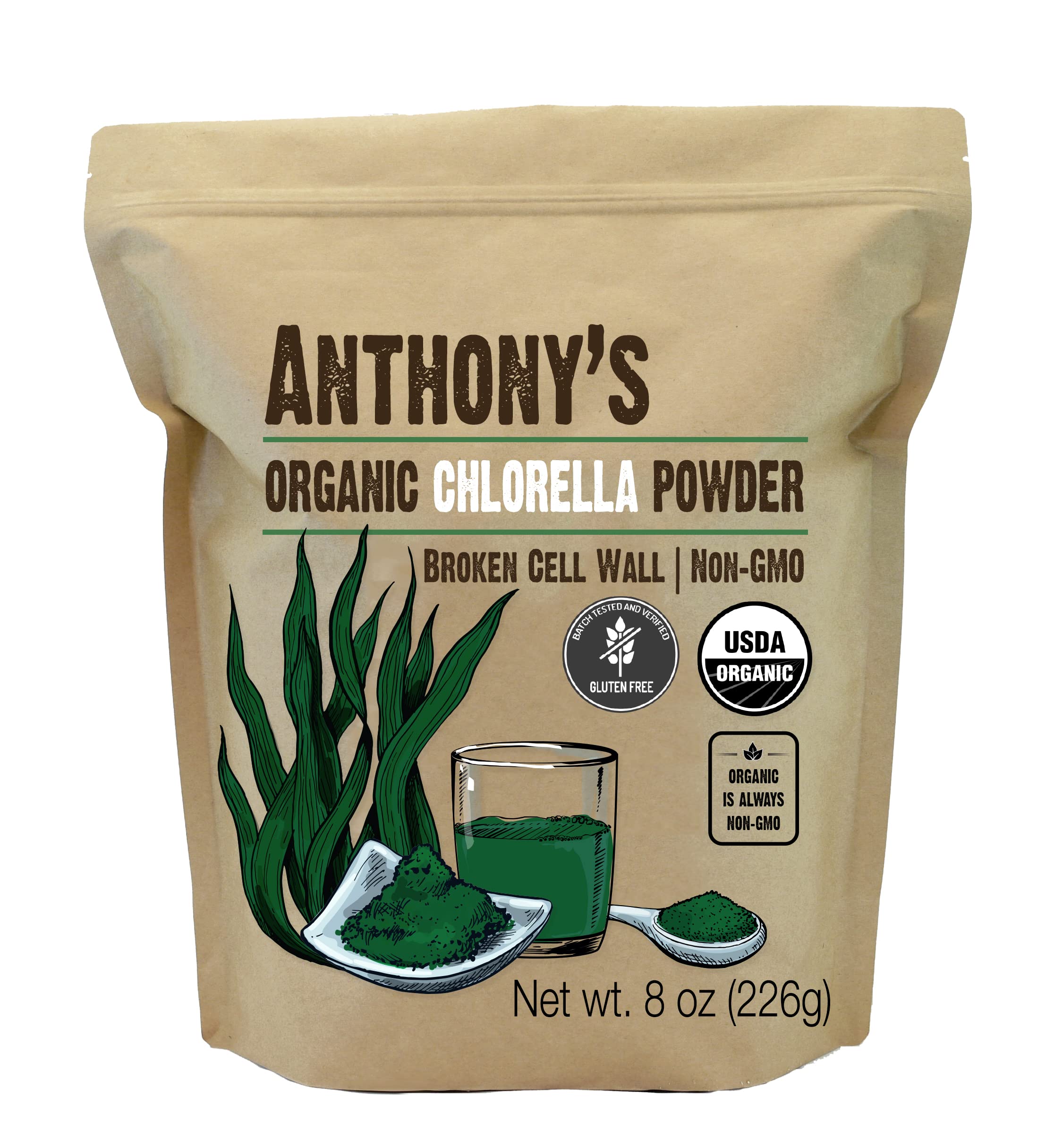 Anthony's Organic Chlorella Powder 8 oz front view