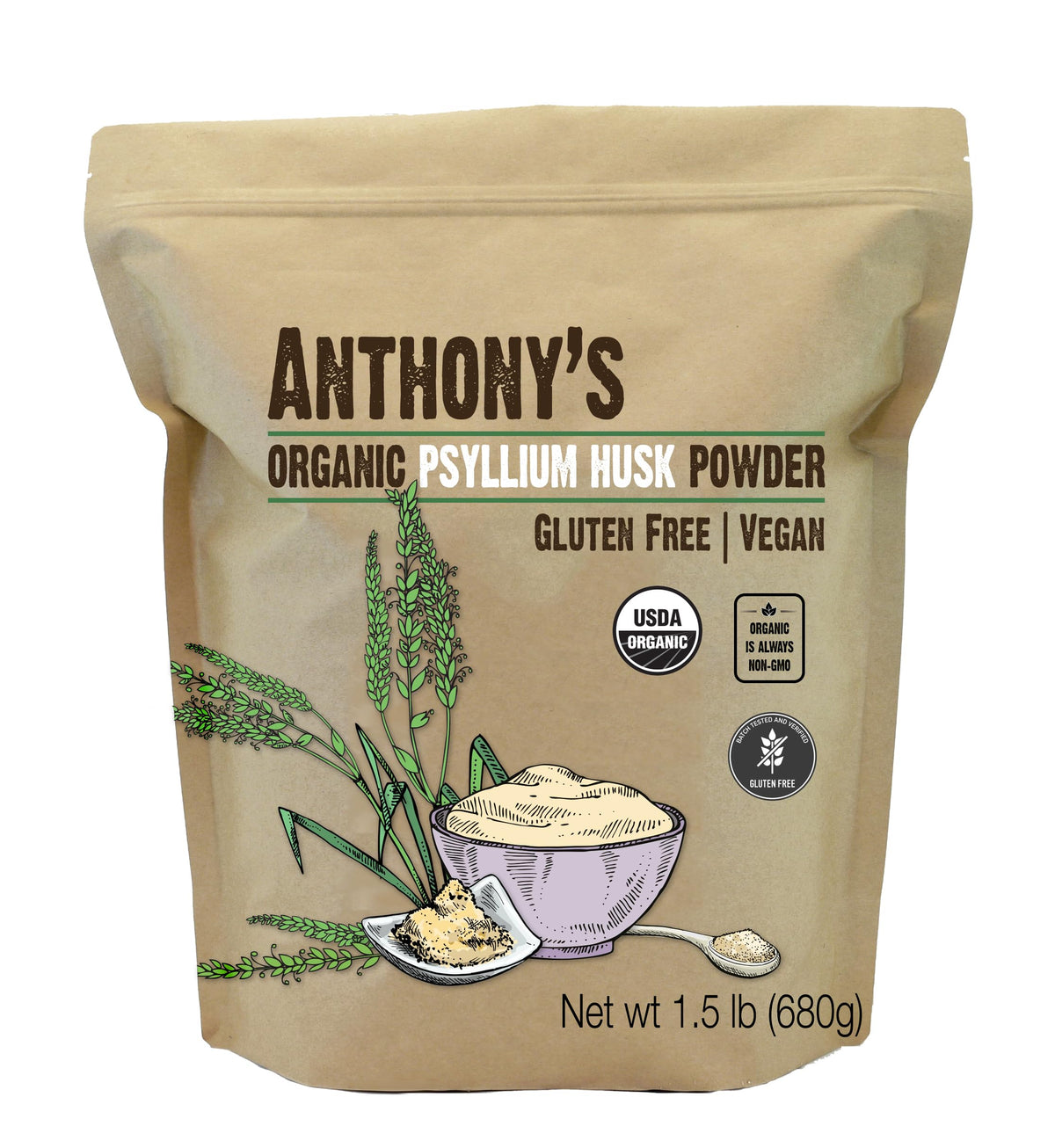 Anthony's Organic Psyllium Husk Powder 1.5 lb front view