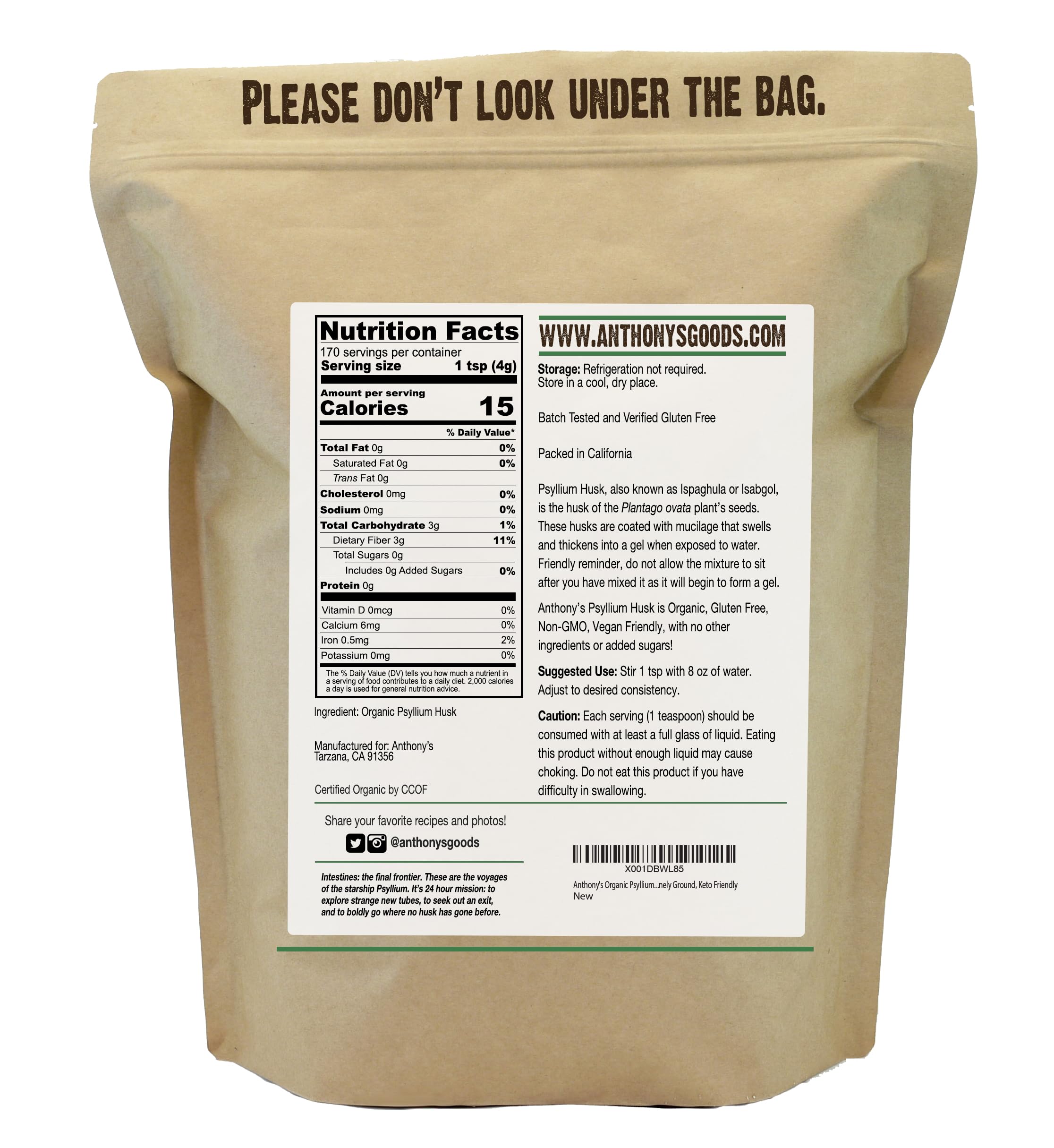 Close-up of psyllium husk powder label and ingredients