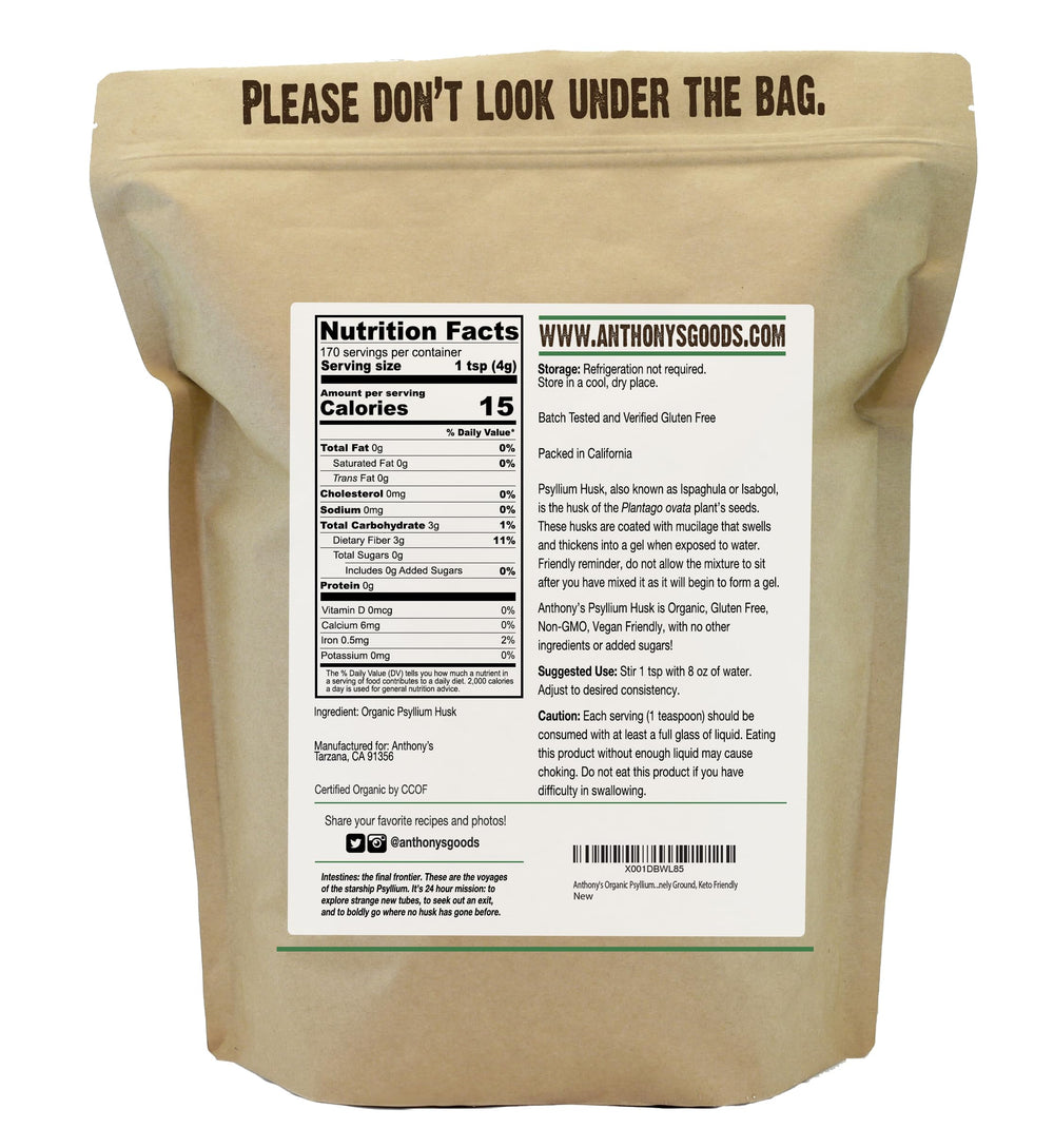 Close-up of psyllium husk powder label and ingredients