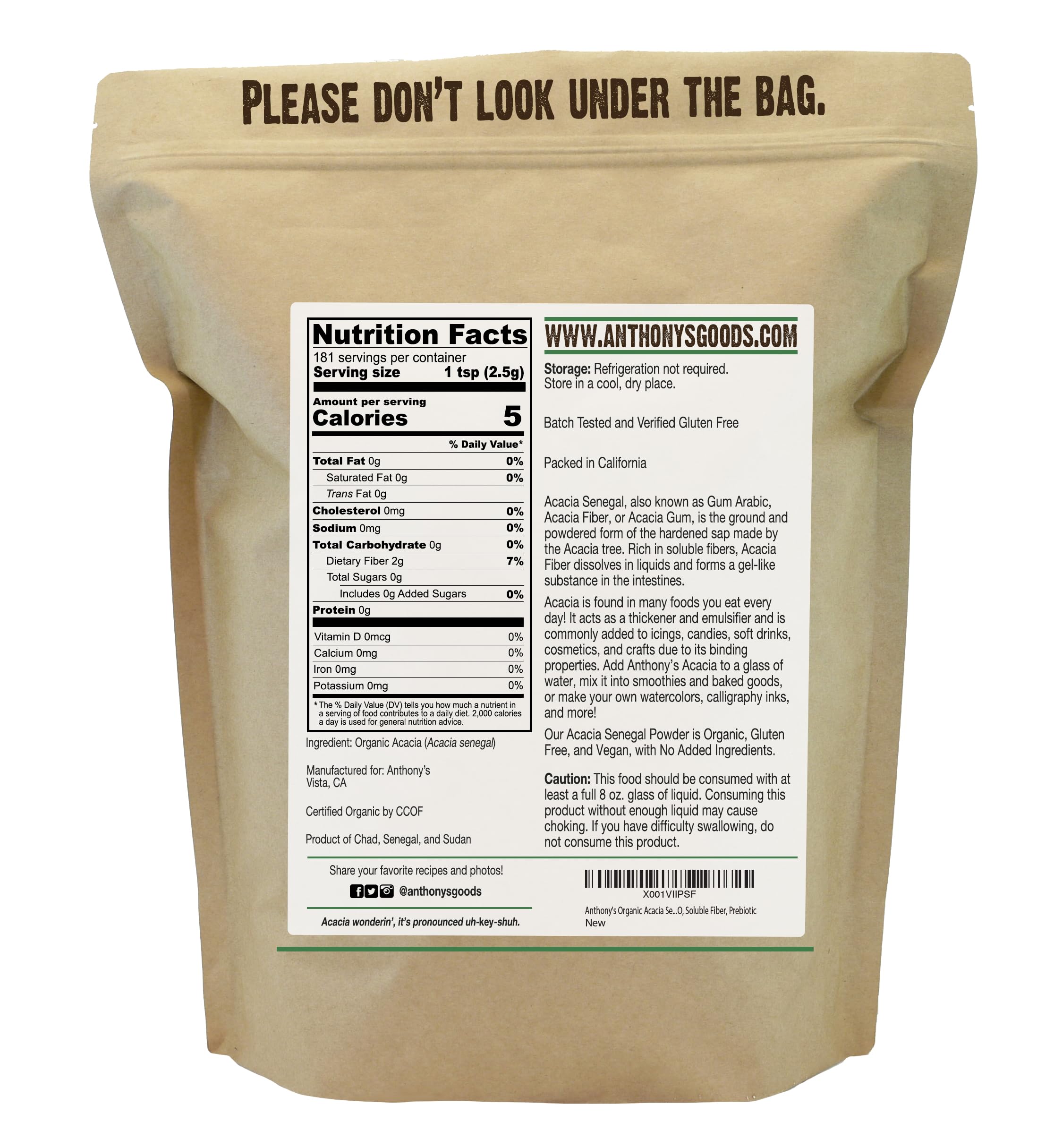 Back nutrition panel of Anthony's Organic Acacia Senegal Powder 1 lb