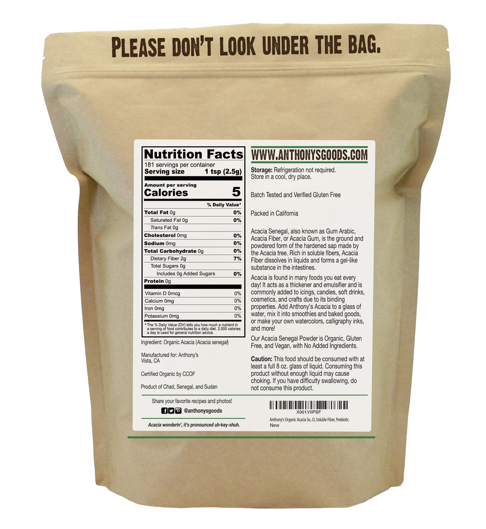 Back nutrition panel of Anthony's Organic Acacia Senegal Powder 1 lb